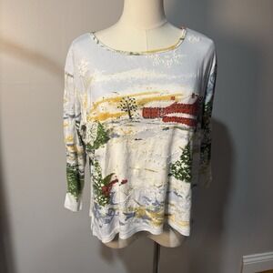 Jane Ashley‎ Women's Multicolor Beaded Winter Scene 3/4 Sleeve Blouse Top Sz L